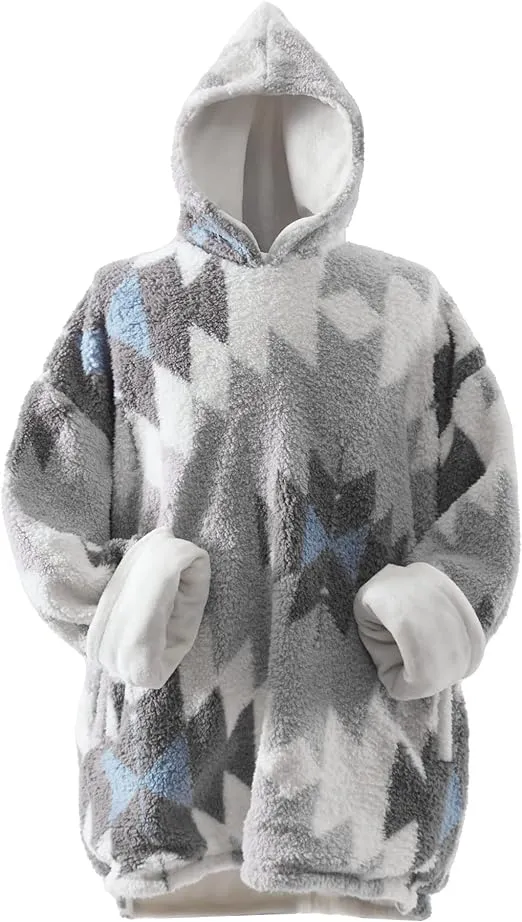 Cathay Home Coleman Oversized Wearable Sherpa and Micro-Mink Blanket Hoodie, Grey - One Size Fits Most