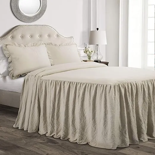 Lush Decor Ruffle Skirt Bedspread Set - 3 Piece Luxurious Farmhouse Bedding Set - Elegant, Charming Ruffle Detail - Timeless Style & Classic Design - Soft and Lightweight - King, Neutral