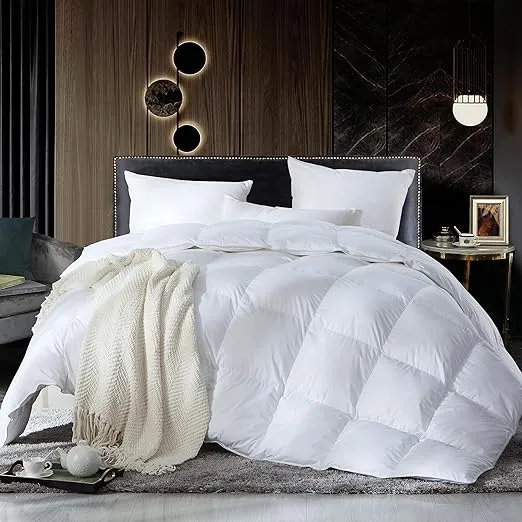 Luxurious Palatial King Size Goose Down Feather Fiber Comforter Duvet Insert, Ultra-Soft 100% Egyptian Cotton Cover, 90 oz. Fill Weight, Super King All-Season White Solid Comforter