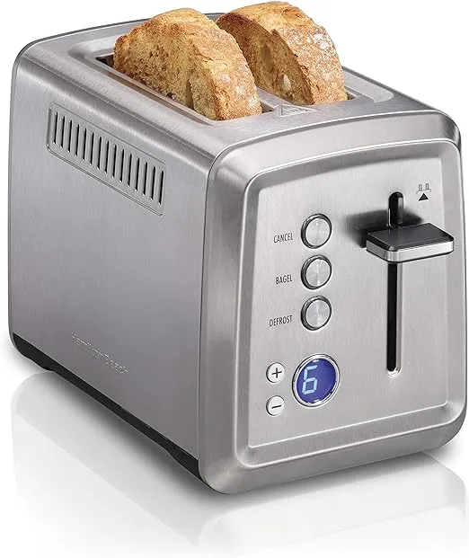 Hamilton Beach 2 Slice Toaster with Extra-Wide Slots, Bagel Setting, Toast Boost, Slide-Out Crumb Tray, Auto-Shutoff & Cancel Button, Digital with Defrost Function, Stainless Steel (22796)