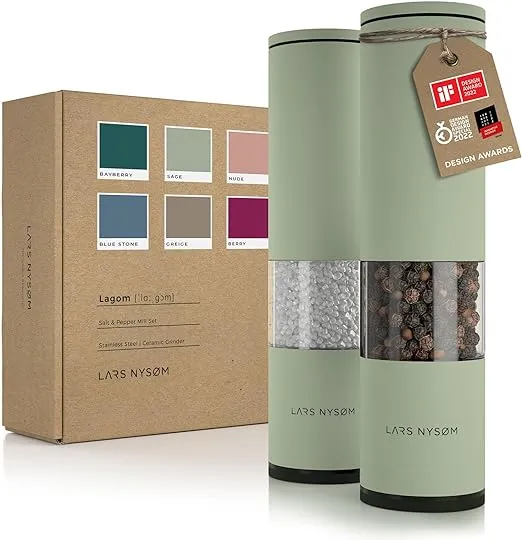 LARS NYSØM Salt and Pepper Grinder Set 2 pieces I Salt Pepper Mill with Adjustable Ceramic Grinder I Design Spice Grinder Set Manual (Sage Green)