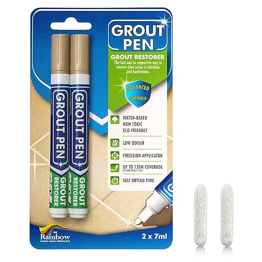 Grout Pen Beige Tile Paint Marker: Waterproof Grout Paint, Tile Grout Colorant and Sealer Pen - Narrow 5mm, 2 Pack with Extra Tips (7mL) - Beige