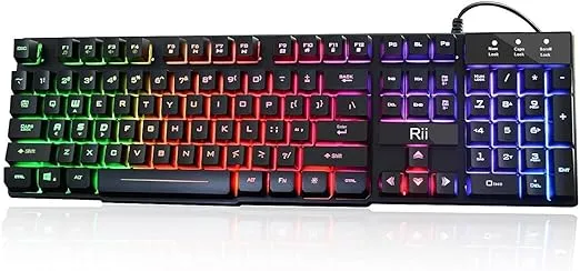 Rii RK100+ Multiple Color Rainbow LED Backlit Large Size USB Wired Mechanical Feeling Multimedia PC Gaming Keyboard,Office Keyboard for Working or Primer Gaming,Office Device