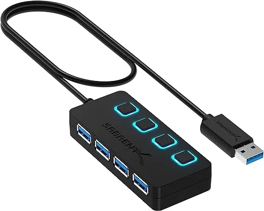 SABRENT 4-Port USB 3.0 Hub with Individual LED Power Switches - Slim, Portable Design - 2 Ft Cable - Fast Data Transfer - Compatible with Mac & PC (HB-UM43)