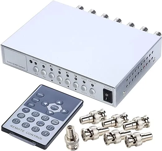 UHPPOTE 4 Channel Color Quad System Video Splitter CCTV DVR Camera Processor Remote Control with 7 BNC Adapter