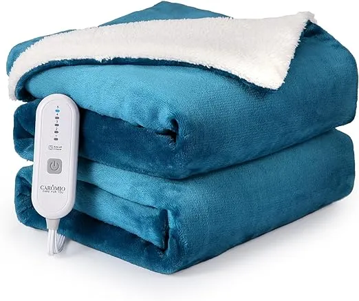 CAROMIO Electric Blanket Twin Size 62" x 84", Soft Thickened Flannel to Sherpa Heated Blanket with 5 Heating Levels & 4 Hours Auto Off, ETL Certified Fast Heating Electric Blanket Twin, Teal