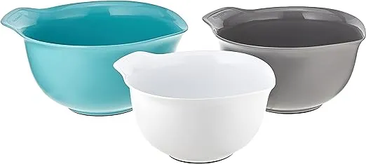 KitchenAid Universal Nesting Plastic Mixing Bowls, Set Of 3, 2.5 quart, 3.5 quart, 4.5 quart, Non Slip Base with Easy Pour Spout to Reduce Mess, Dishwasher Safe, Aqua Sky, White, Gray