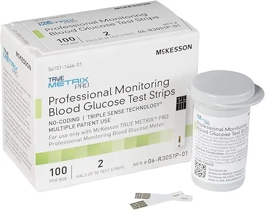 McKesson TRUE METRIX PRO Professional Monitoring Blood Glucose Test Strips - No Coding, Triple Sense Technology, Multiple Patient Use - Vials of Strips, 100 Strips, 1 Pack