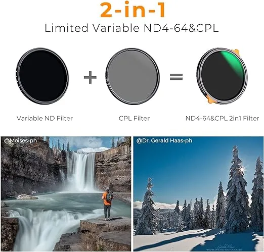 K&F Concept 40.5mm ND4-64 (2-6 Stops) ND Lens Filter Variable & CPL Polarizers Filter 2-in-1, 28 Multi-Coated Polarizing and Neutral Density Camera Lens Filter (Nano-X Series)