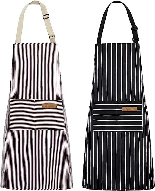 NLUS 2 Pack Kitchen Cooking Aprons, Adjustable Bib Soft Chef Apron with 2 Pockets for Men Women(Black/Brown Stripes)