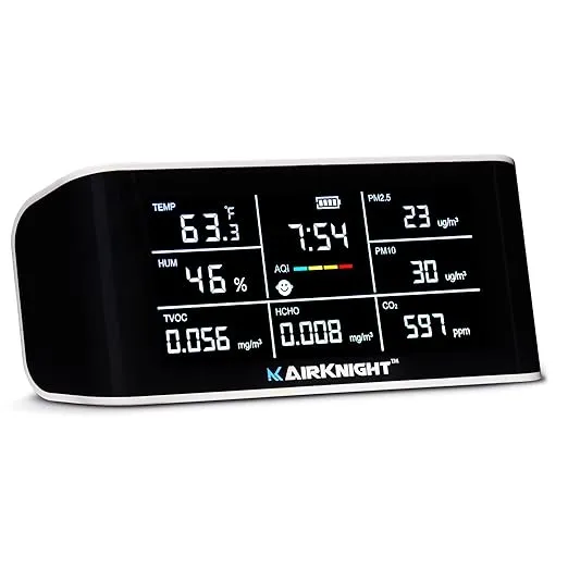 9-In-1 Indoor Air Quality Monitor Indoor & Air Quality Sensor by AirKnight Monitoring. VOC detector, CO2 Monitor, Formaldehyde Detector HCHO, AQI, PM2.5, PM10 Temp, Humidity. Air Monitor AQI CO2 Meter