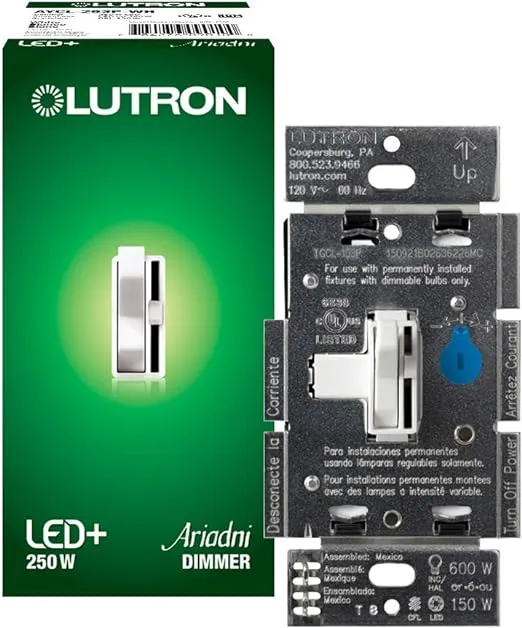 Lutron Toggler LED+ Dimmer Switch for Dimmable LED, Halogen and Incandescent Bulbs, 250W/Single-Pole or 3-Way, AYCL-253P-WH, White