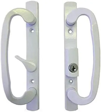 Sliding Glass Patio Door Handle Set, Mortise Type, Keyed, White, 3-15/16" Screw Holes | White Sliding Door Handle Set Mortise Style, Non-Handed, Keyed(Offset Position