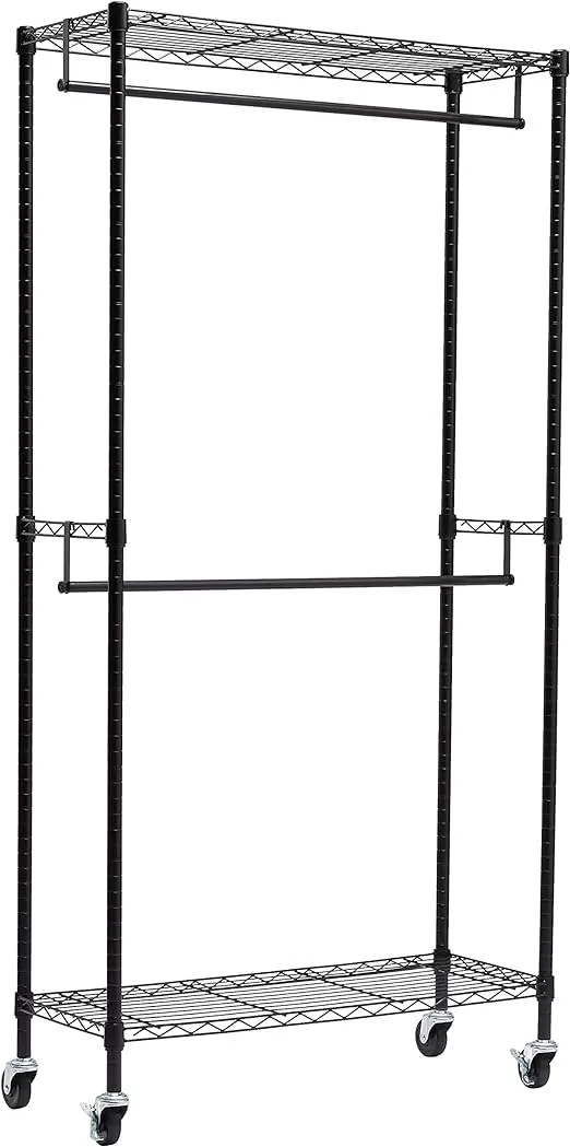 Amazon Basics Adjustable, Double Hanging Rod Garment Rolling Closet Organizer Rack with Wheels, Heavy Duty, Black, 36'' x 14'' x 72'', WI-GAR1436B