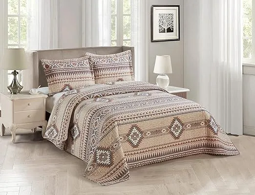 Rustic Southwest Quilted Western Bedspread Bedding Set in Brown Beige Taupe Charcoal and Tribal Native American Patterns - Nevada (Full/Queen)