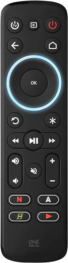 One For All Streamer Remote (New, in Retail Packaging) – Controls up to 3 Devices - (IR) - Control Your Streamer Box, TV and Sound bar – Learning Feature - Backlit Keys - Black – URC7935