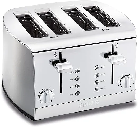 KRUPS: 4 Slice Toaster, Stainless Steel, 4 Functions, Cancel, Bagel, Reheat, Defrost, 1500 watts 6 Shade Settings, Removable Crumb Tray