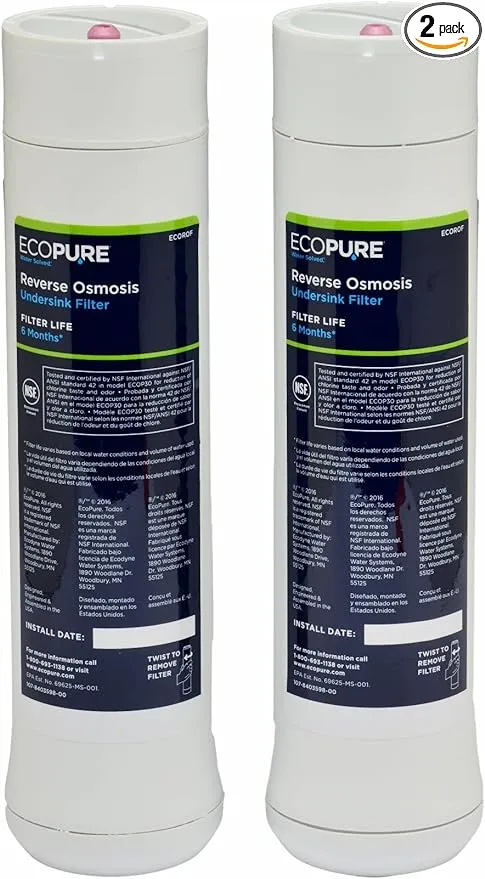 EcoPure ECOROF Reverse Osmosis Under Sink Replacement Water Filter(Fits ONLY - EcoPure ECOP30 Reverse Osmosis System and Kenmore Reverse Osmosis Systems 42-38156 & 42-38556 ) 6-Month Life (Pack of 2)