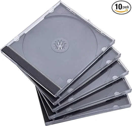 Maxtek 10.4 mm Standard Single Clear CD Jewel Case with Assembled Black Tray, 10 Pack