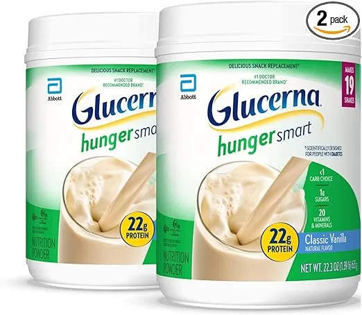 Glucerna Hunger Smart Powder, Diabetic Nutrition, Blood Sugar Management, 22g Protein, 120 Calories, Classic Vanilla, 22.3-oz tub, 2 Count