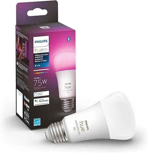 Philips Hue White and Color Ambiance A19 Medium Lumen Smart Bulb, 1100 Lumens, Bluetooth & Zigbee Compatible (Hue Hub Optional), Works with Alexa & Google Assistant, 1 Bulb