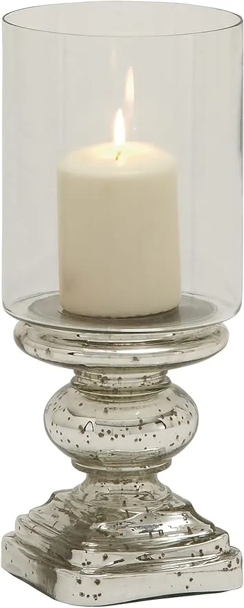 Deco 79 Glass Handmade Turned Style Pillar Hurricane Lamp with Faux Mercury Glass finish, 6" x 6" x 14", Silver