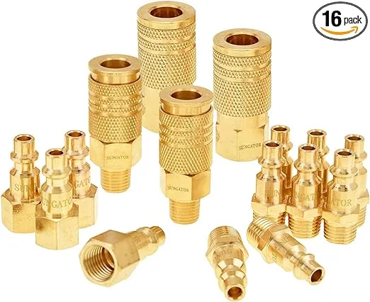 SUNGATOR Air Hose Fittings 1/4" NPT Industrial, 16-Piece Solid Brass Air Line Quick Connect Fitting, Coupler and Plug Kit, Air Compressor Accessories, 1/4 Inch Air Hose Repair Kit, Air Tool Fittings
