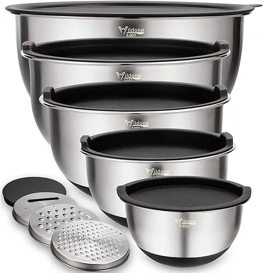 Wildone Mixing Bowls with Lids Set, 5PCS Stainless Steel Nesting Bowls with 3 Grater Attachments, Measurement Marks & Non-Slip Bottoms, Size 5, 3, 2, 1.5, 0.63 QT, Great for Mixing & Serving