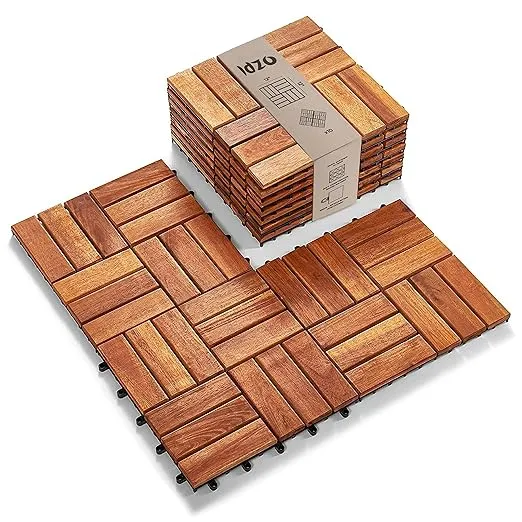 Idzo Interlocking Deck Tiles - 10PCS Waterproof Acacia Wood Patio Tiles, Flooring Tiles for Both Indoor and Outdoor - Decking Checker Pattern, 12 x 12 x 0.9 Inches, Golden Teak