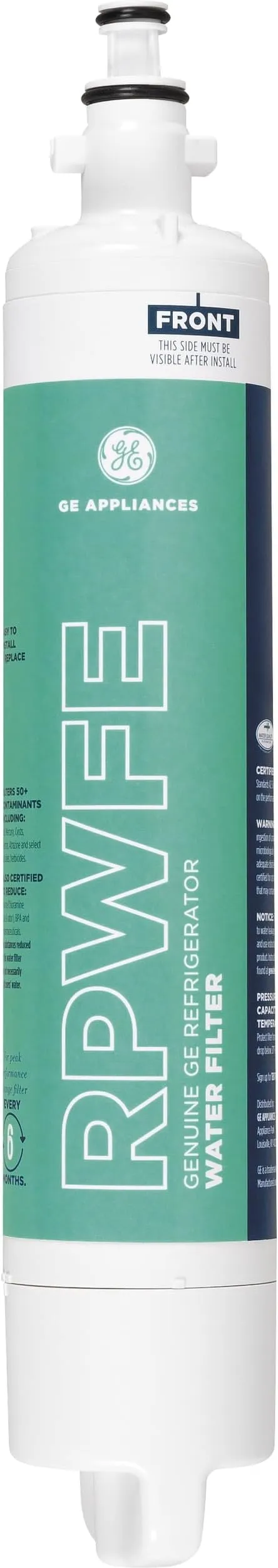 GE RPWFE Refrigerator Water Filter, Genuine Replacement Filter, Certified to Reduce Lead, Sulfur, and 50+ Other Impurities, Replace Every 6 Months for Best Results, Pack of 1