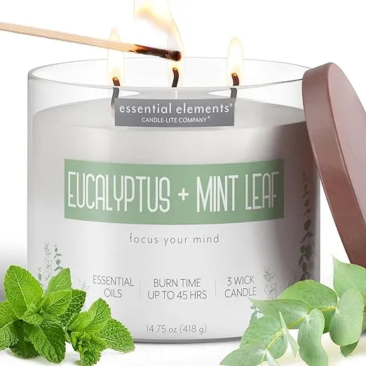 Essential Elements by Candle-lite Scented Candles, Eucalyptus & Mint Leaf Fragrance, One 14.75 oz. Three-Wick Aromatherapy Candle with 45 Hours of Burn Time, Off-White Color