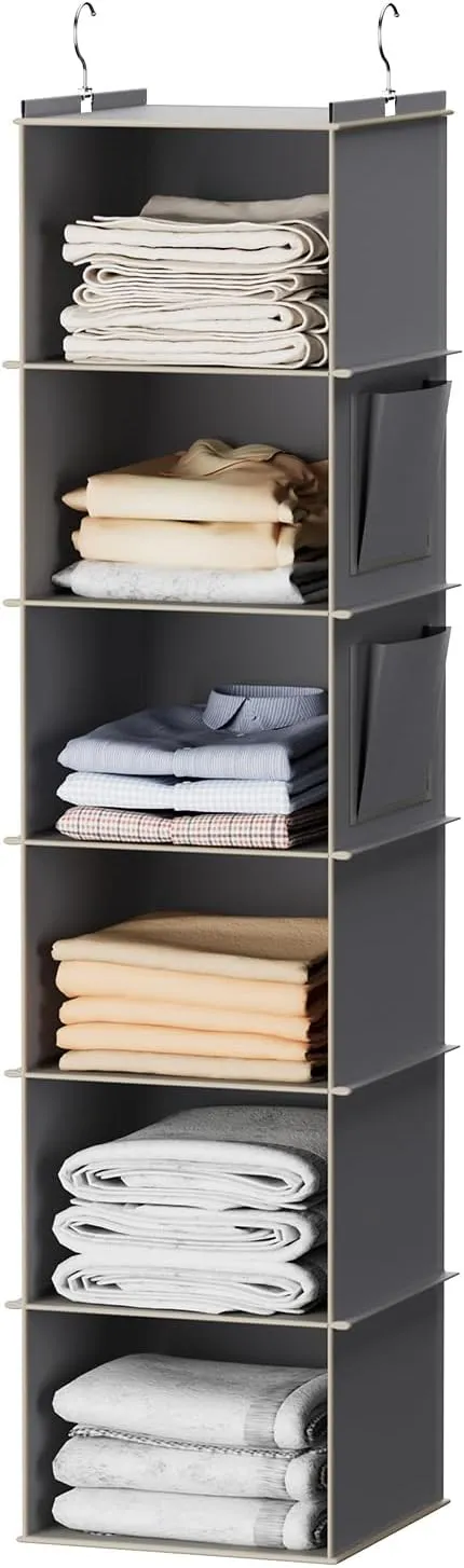 Hanging Closet Organizer and Storage, 6-Shelf Closet Hanging Storage Shelves, Grey