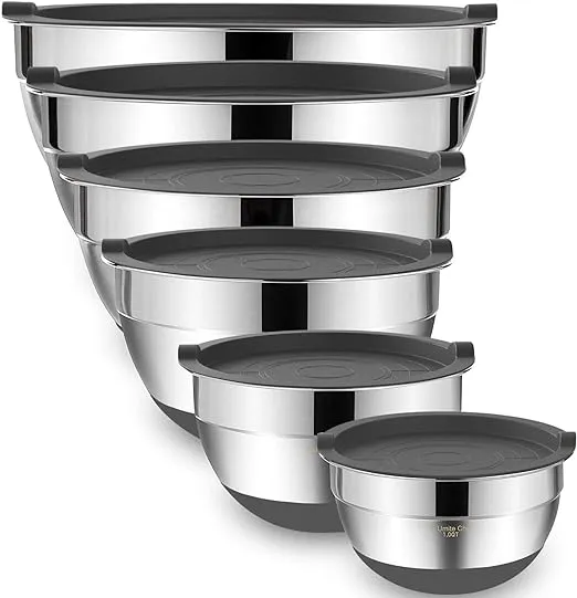 Umite Chef Mixing Bowls with Airtight Lids，6 piece Stainless Steel Metal Nesting Storage Bowls, Non-Slip Bottoms Size 7, 3.5, 2.5, 2.0,1.5, 1QT, Great for Mixing & Serving(Grey)