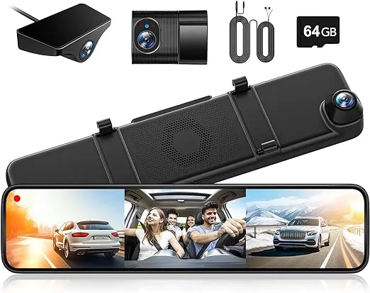 WOLFBOX G890 12" 3 Channel Rear View Mirror Camera, 2K Triple Mirror Dash Cam, 4K UHD Dash Cam Mirror Front and Rear with Hardwire Kit, Touch Screen Backup Camera with Motion Detection, GPS&64GB Card