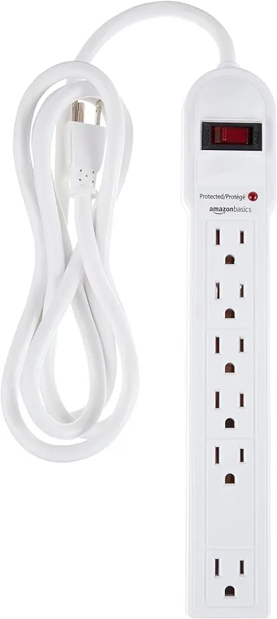 Amazon Basics Rectangular 6-Outlet Surge Protector Power Strip, 6-Foot Long Cord, 790 Joule - White