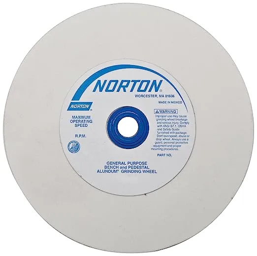Norton Bench and Pedestal Grinding Wheel, Premium Alundum Type 01, Very Fine Grit, White Aluminum Oxide Abrasive, 1" Arbor Hole, 6" Diameter x 1" Thick