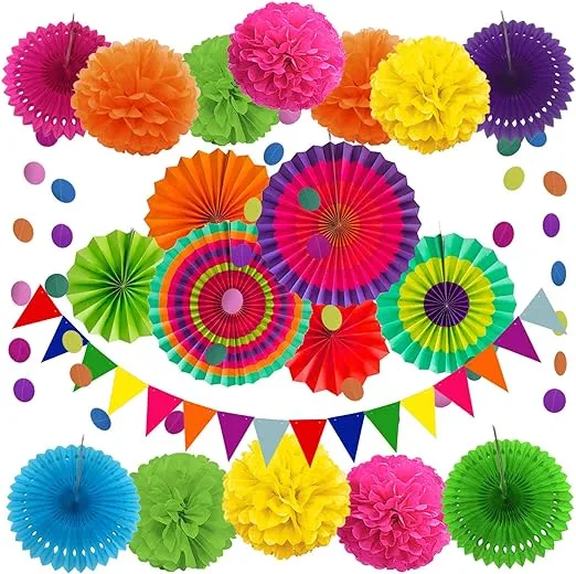 ZERODECO Party Decoration, 21 Pcs Multi-color Hanging Paper Fans, Pom Poms Flowers, Garlands String Polka Dot and Triangle Bunting Flags for Birthday Parties, Wedding Décor, Fiesta or Mexican Party