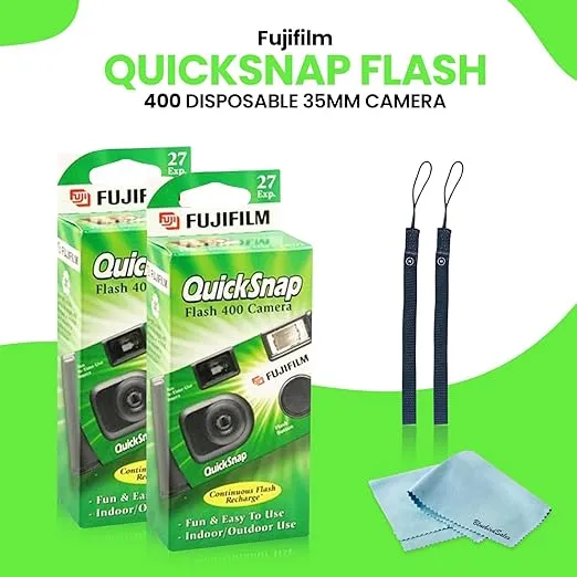 Fujifilm QuickSnap Flash 400 Disposable 35mm Camera • 2 Pack • 2 Hand Straps • BluebirdSales Microfiber Cleaning Cloth