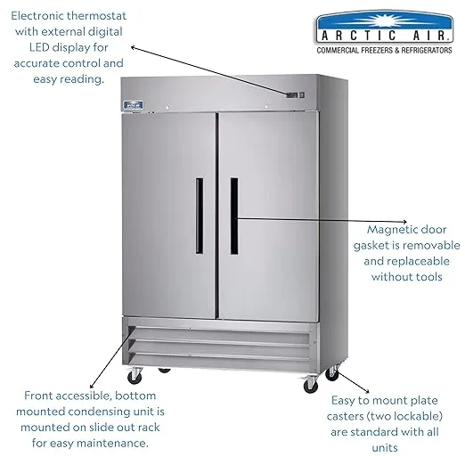 Arctic Air AR49 54" Two Section Two Solid Doors Reach-in Commercial Refrigerator, 49 Cubic Feet, 115v, Stainless Steel