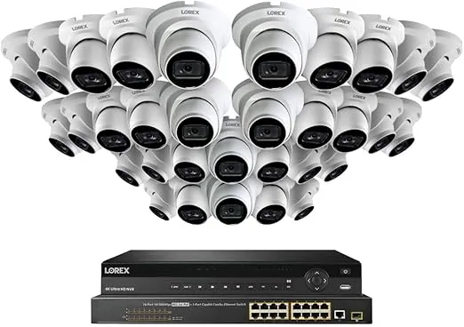 Lorex 4K 8MP (32 Camera Capable) 8TB Wired PoE NVR System with 32 IP Indoor/Outdoor Metal Dome Cameras - Color Night Vision, Smart Motion Detection (Person/Vehicle), IP67, Listen-in Audio (White)
