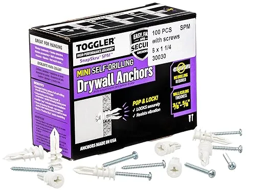 TOGGLER SnapSkru SPM Mini Self-Drilling Drywall Anchor with Screws, Glass-Filled Nylon, Made in US, For #6 to #8 Fastener Sizes (Pack of 100)