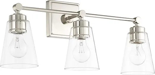 Capital Lighting 121831PN-432 Rory Clear Glass Cone Bath Vanity Wall Mount, 3-Light 300 Total Watts, 10" H x 23" W, Polished Nickel