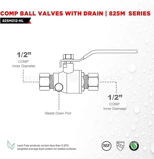 Midline Valve 947M234 Premium Brass Full Port Ball Valve with Drain 1/2 in. Compression Connections