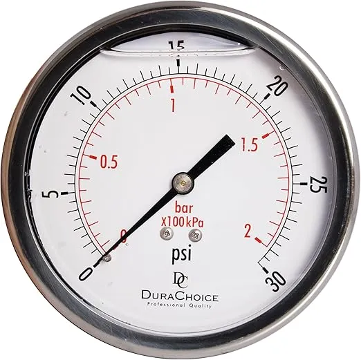 4" Oil Filled Pressure Gauge - Stainless Steel Case, Brass, 1/4" NPT, Center Back Mount Connection, 0-30PSI