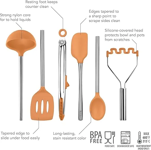 Tovolo 6-Piece Premium Silicone Utensil Set (Apricot): Essential Kitchen Tools | Sturdy Utensils for Home, Apartment, or College Dorms