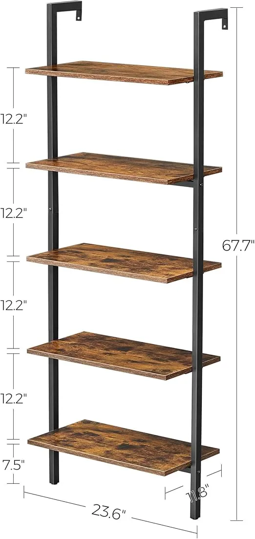 VASAGLE Industrial Ladder Shelf, 5-Tier Bookshelf, Wood Wall Mounted Shelf, Storage Rack Display Shelves for Living Room, Home Office, 23.6 x 11.8 x 67.7 Inches, Rustic Brown and Black ULLS102B01