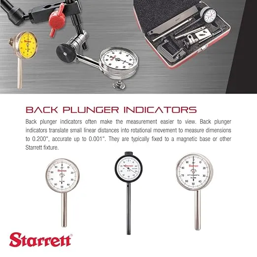 Starrett Universal Dial Test Indicator Set with Back Plunger for Full Use - White Face, 0-50-0 Reading, .200" Range, 0.001" Graduation, 1/4" Shank Diameter for Mounting - 196A5Z
