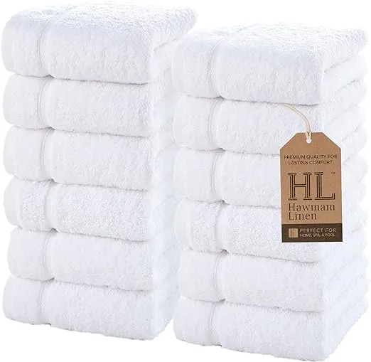 Hawmam Linen Luxury Cotton Washcloths 13x13 Inch - Large Hotel Spa Bathroom Face Towel | 12 Pack | White