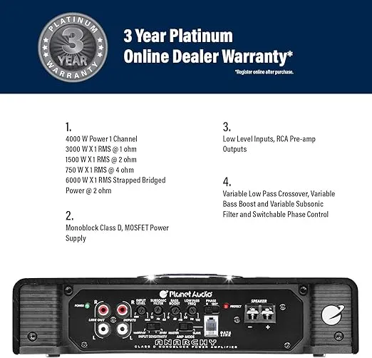 Planet Audio AC4000.1D Class D Monoblock Car Amplifier - 4000 High Output, 1 Ohm Stable, Low Level Inputs, Low Pass Crossover, Bass for Subwoofer