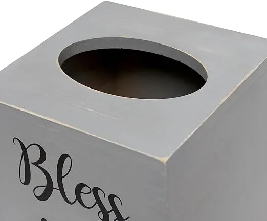 Elegant Designs HG2024-GRW Decorix Farmhouse Square Wood Decorative Tissue Box Cover w Bless You Black Script & Sliding Base for Vanity, Bathroom, Bedroom, Livingroom, Office, Desk, Table, Gry Wash